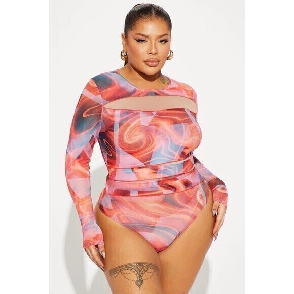 Marbled Crew Neck Stretch Mesh bodysuit Size L‎ RefM010 - Picture 1 of 11